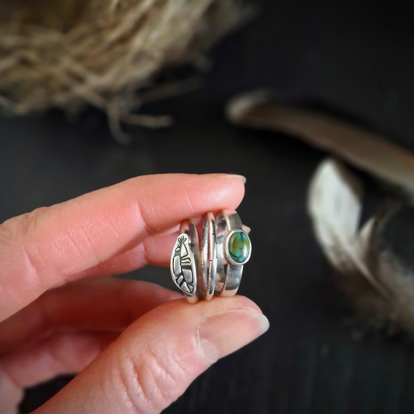 Turquoise and Feather Stacking Ring Set | Sterling Silver | Size 6