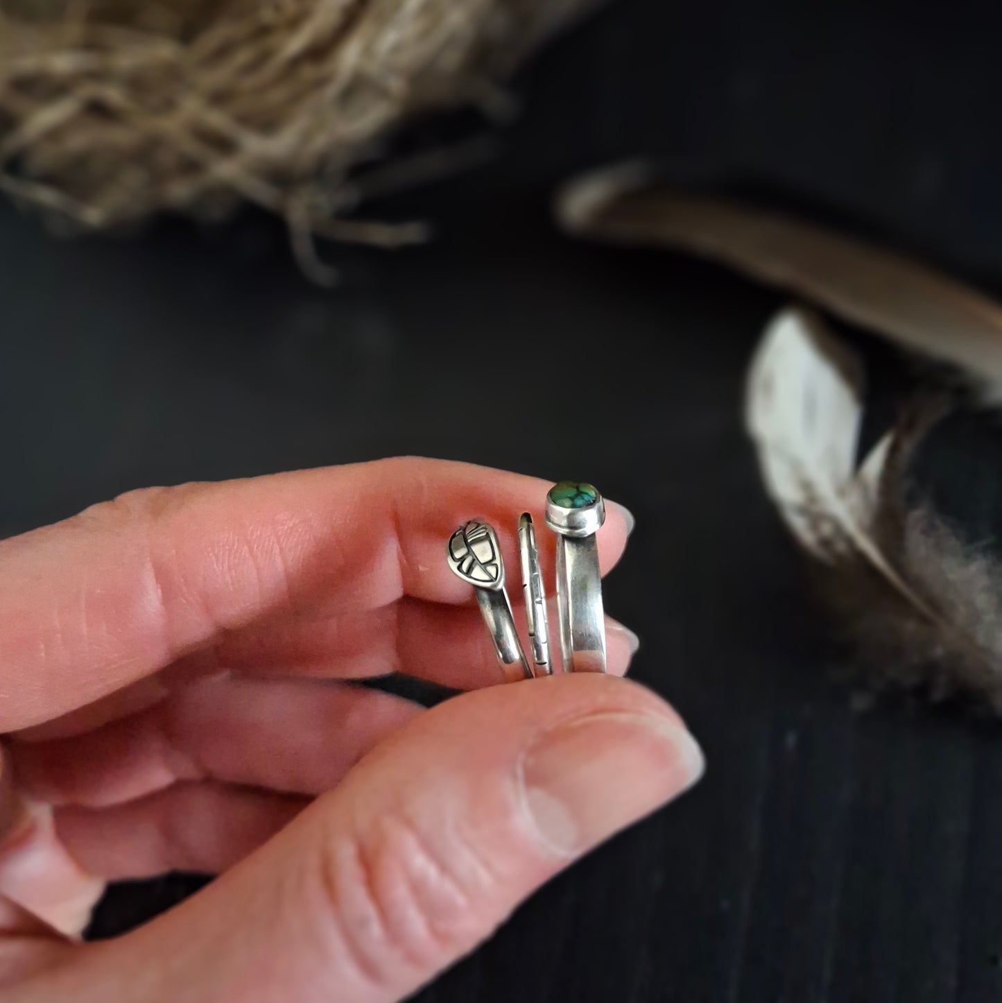 Turquoise and Feather Stacking Ring Set | Sterling Silver | Size 6
