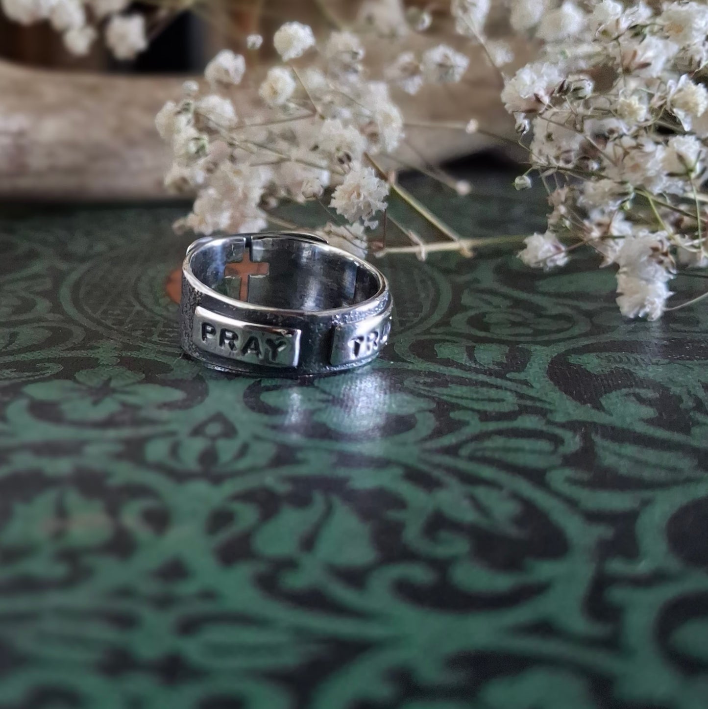 Faith Cross Ring with Pray Trust Message | Sterling Silver | Made to Order