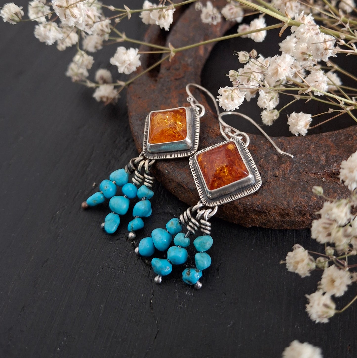 Amber and Sleeping Beauty Turquoise Earrings | Sterling Silver | Western Inspired