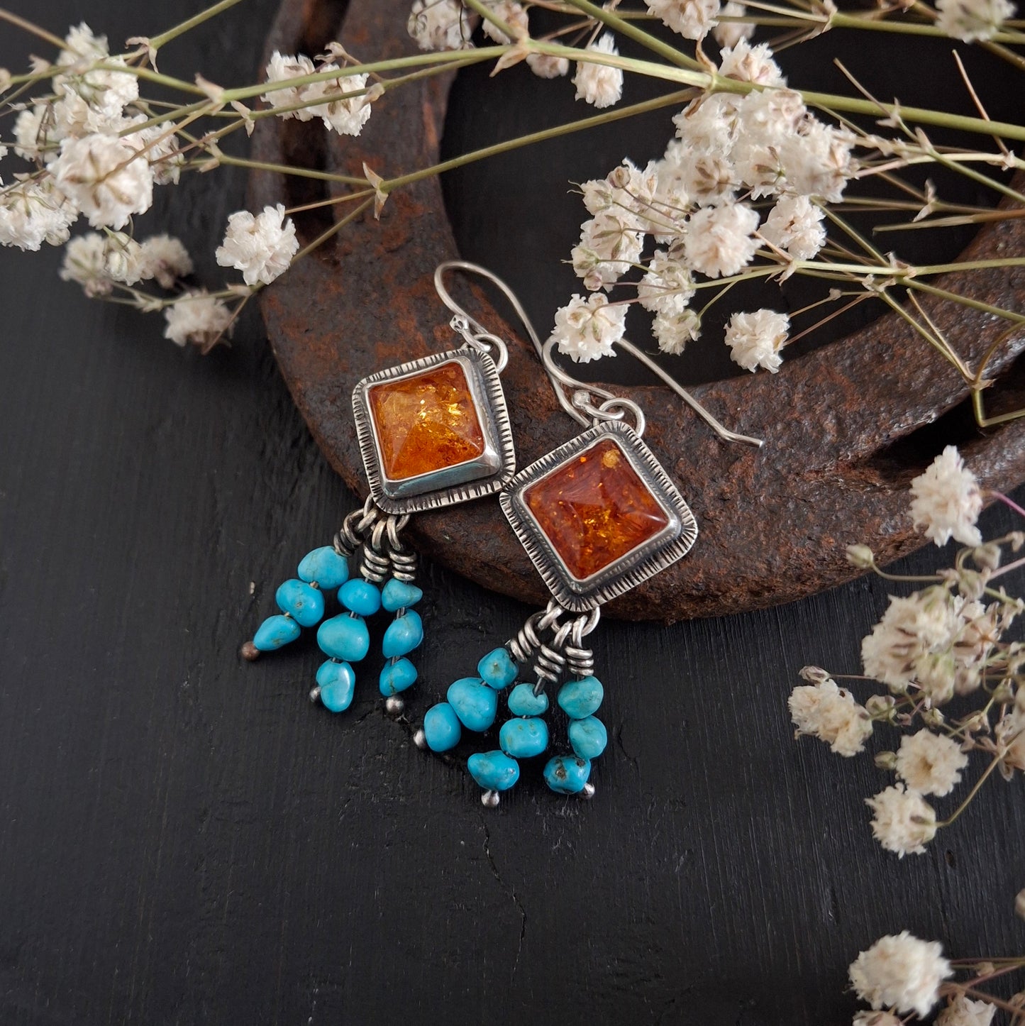 Amber and Sleeping Beauty Turquoise Earrings | Sterling Silver | Western Inspired