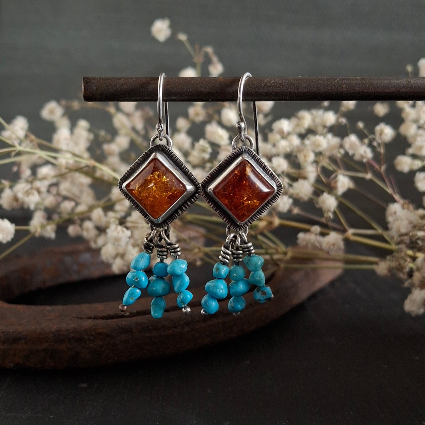 Amber and Sleeping Beauty Turquoise Earrings | Sterling Silver | Western Inspired