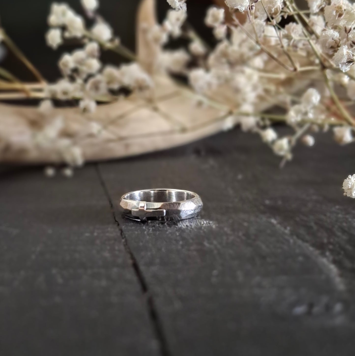 Faceted Sterling Silver Cross Ring | Rustic Handmade Band | Made to Order