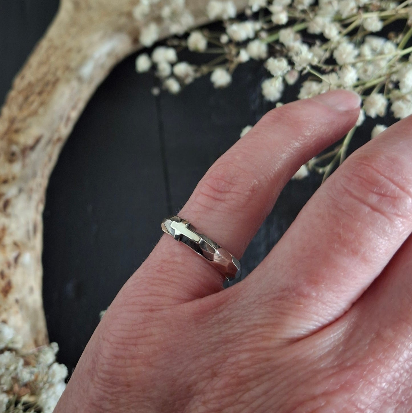 Faceted Sterling Silver Cross Ring | Rustic Handmade Band | Made to Order