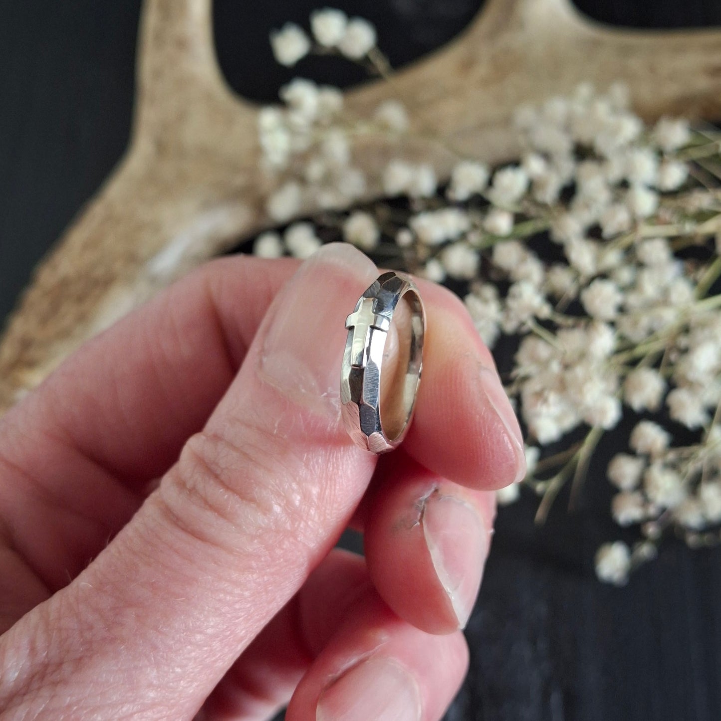 Faceted Sterling Silver Cross Ring | Rustic Handmade Band | Made to Order