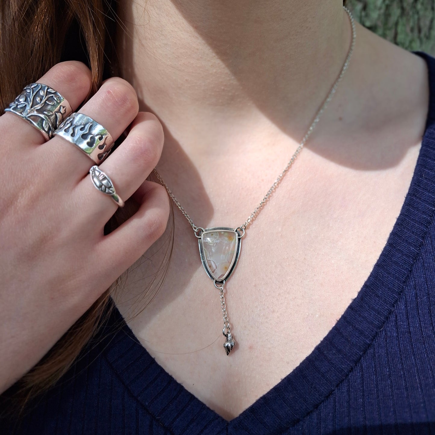 Ocean Jasper Necklace with Sterling Silver Shell | Ripple Stone Pendant | Coastal Inspired Jewelry