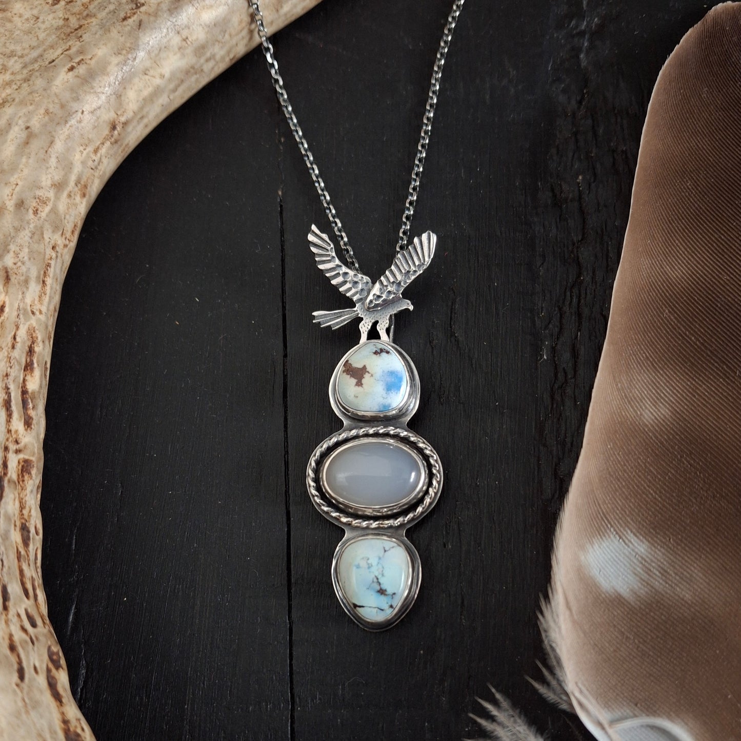Bird of Prey Pendant | Golden Hill Turquoise & Chalcedony | Handmade Sterling Silver Necklace