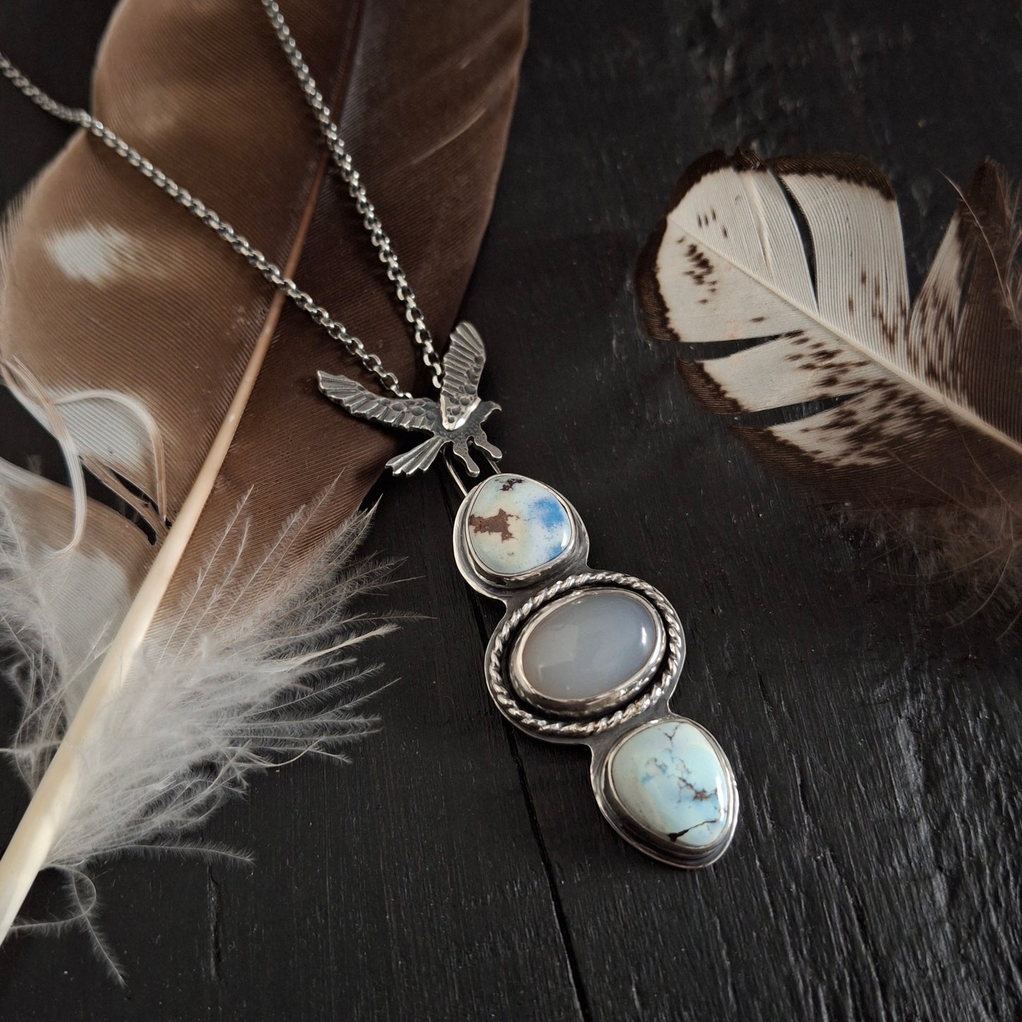 Bird of Prey Pendant | Golden Hill Turquoise & Chalcedony | Handmade Sterling Silver Necklace