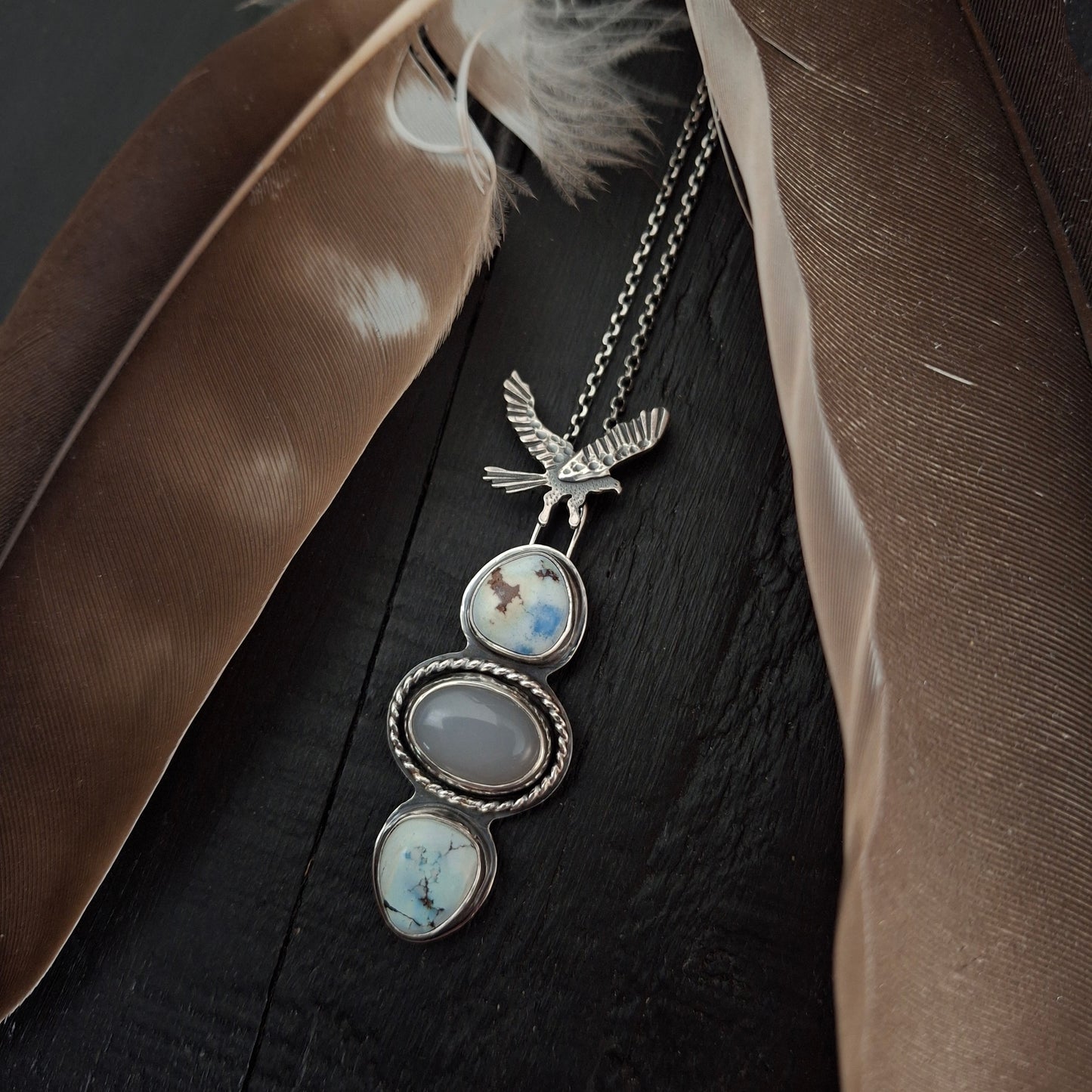 Bird of Prey Pendant | Golden Hill Turquoise & Chalcedony | Handmade Sterling Silver Necklace