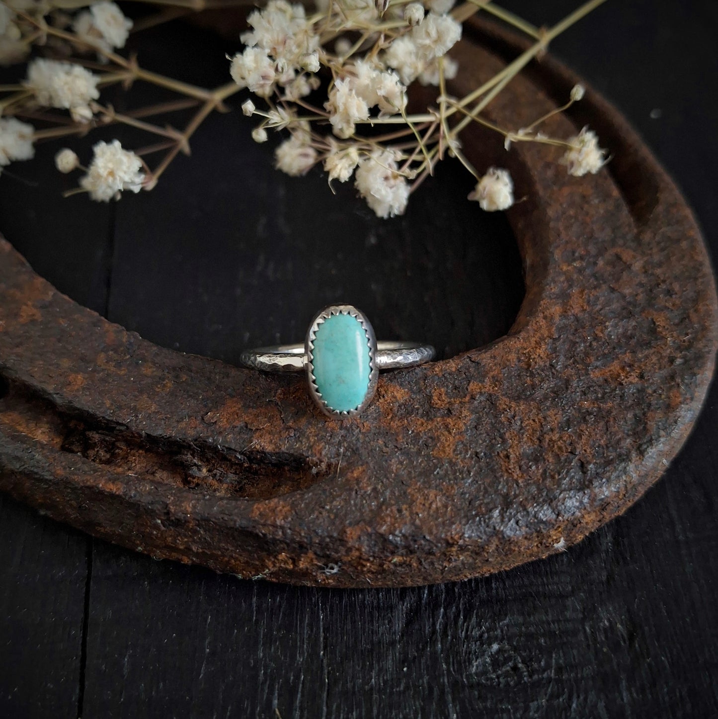 Turquoise Everyday Ring | Sterling Silver Tree Bark Band | Size 7 3/4