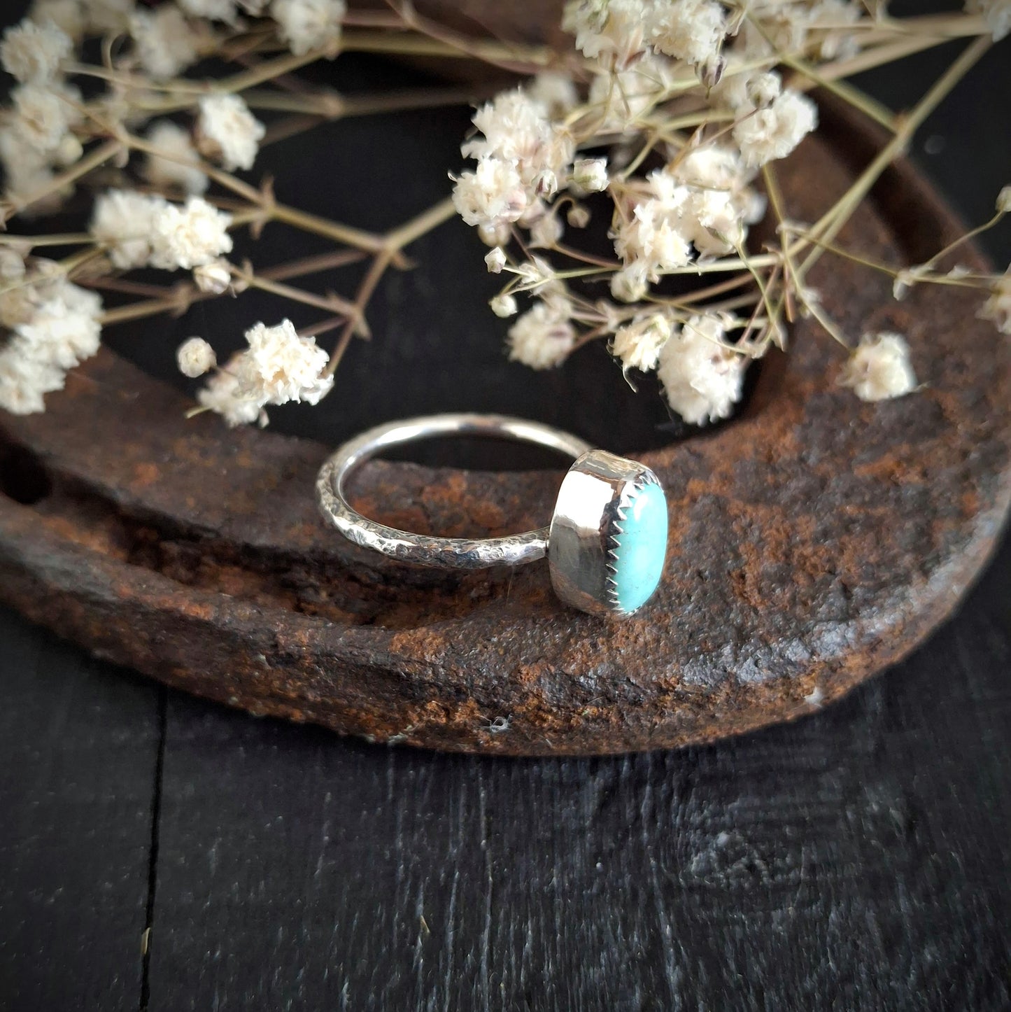 Turquoise Everyday Ring | Sterling Silver Tree Bark Band | Size 7 3/4