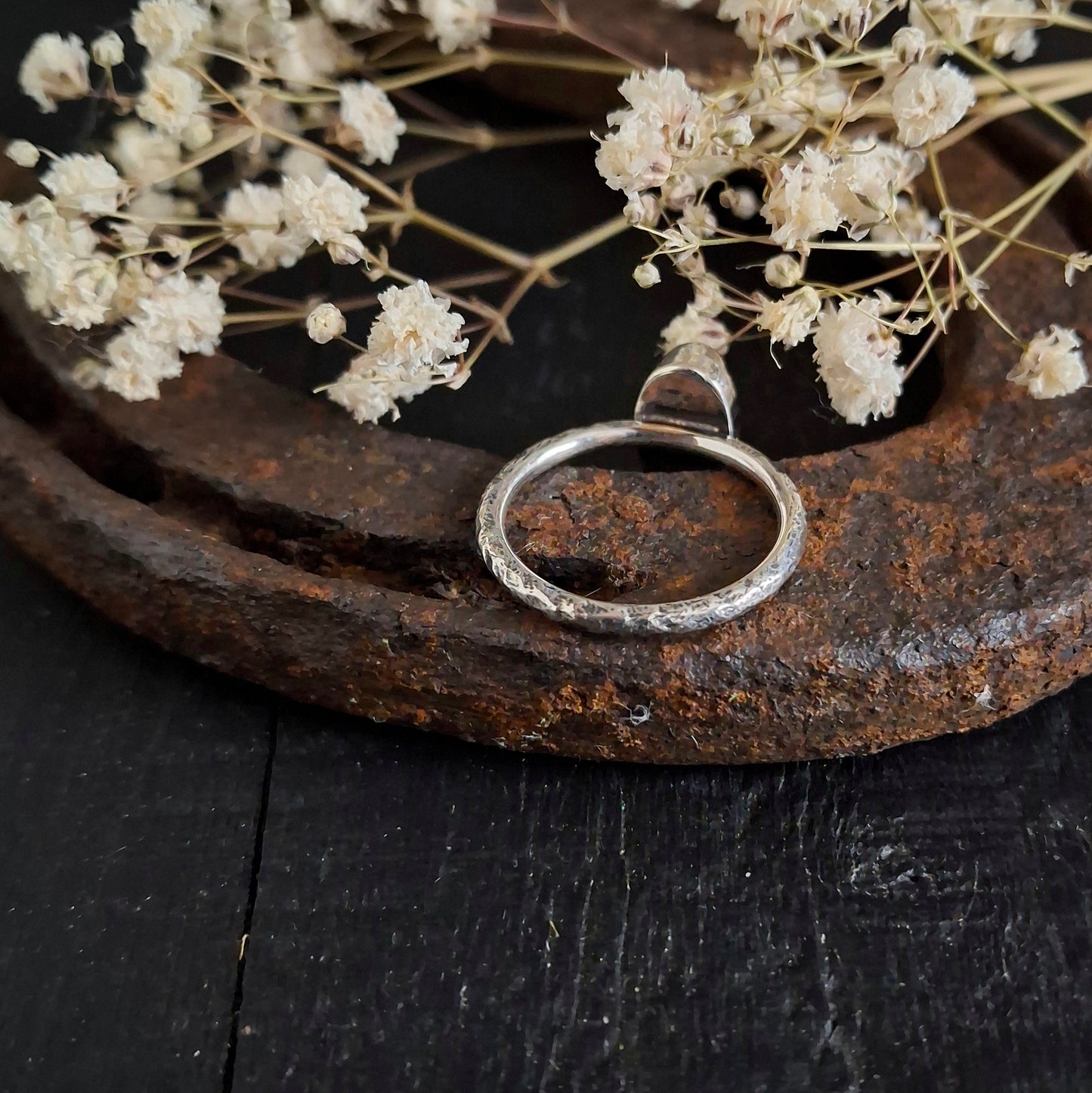 Turquoise Everyday Ring | Sterling Silver Tree Bark Band | Size 7 3/4