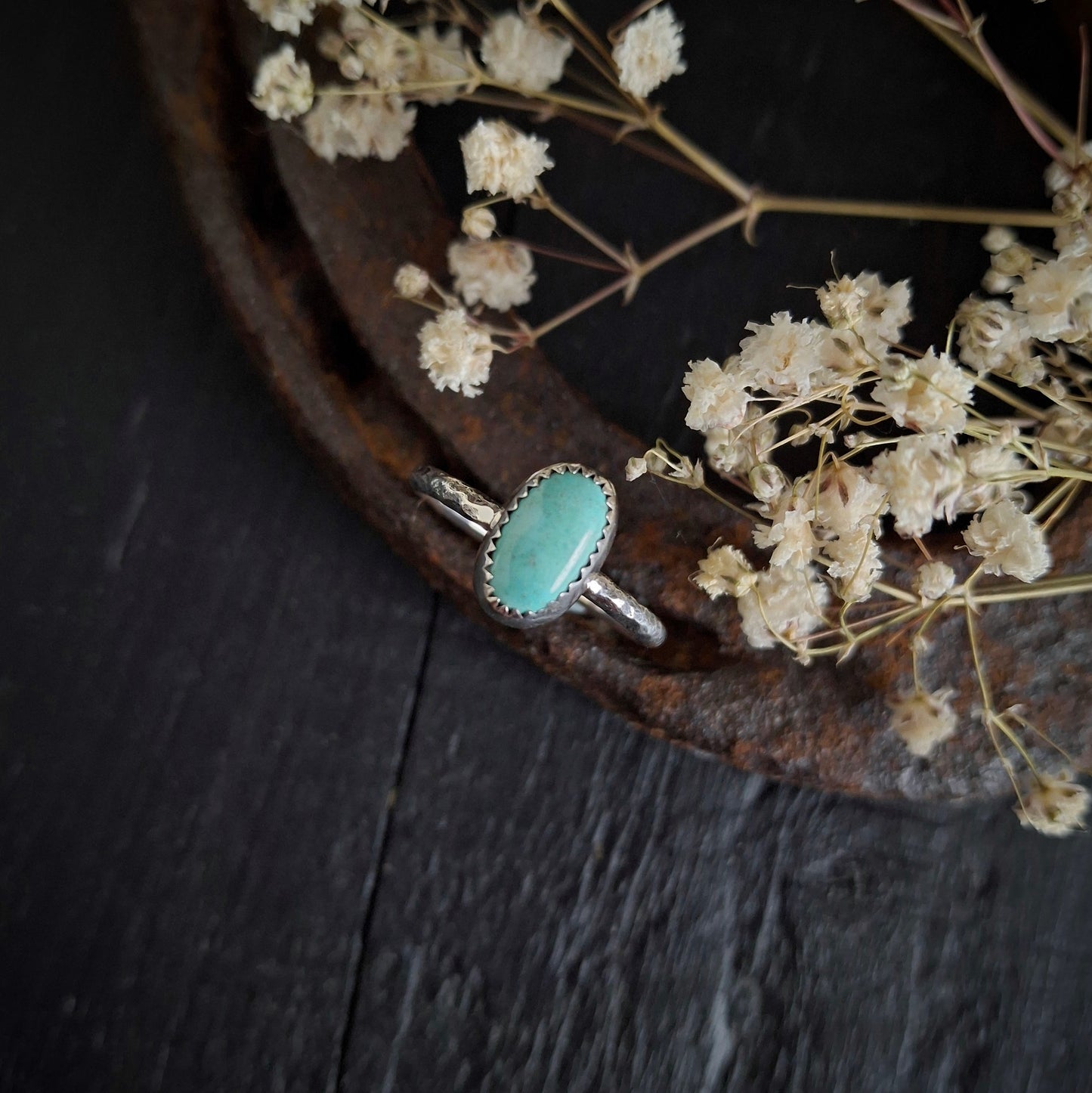 Turquoise Everyday Ring | Sterling Silver Tree Bark Band | Size 7 3/4