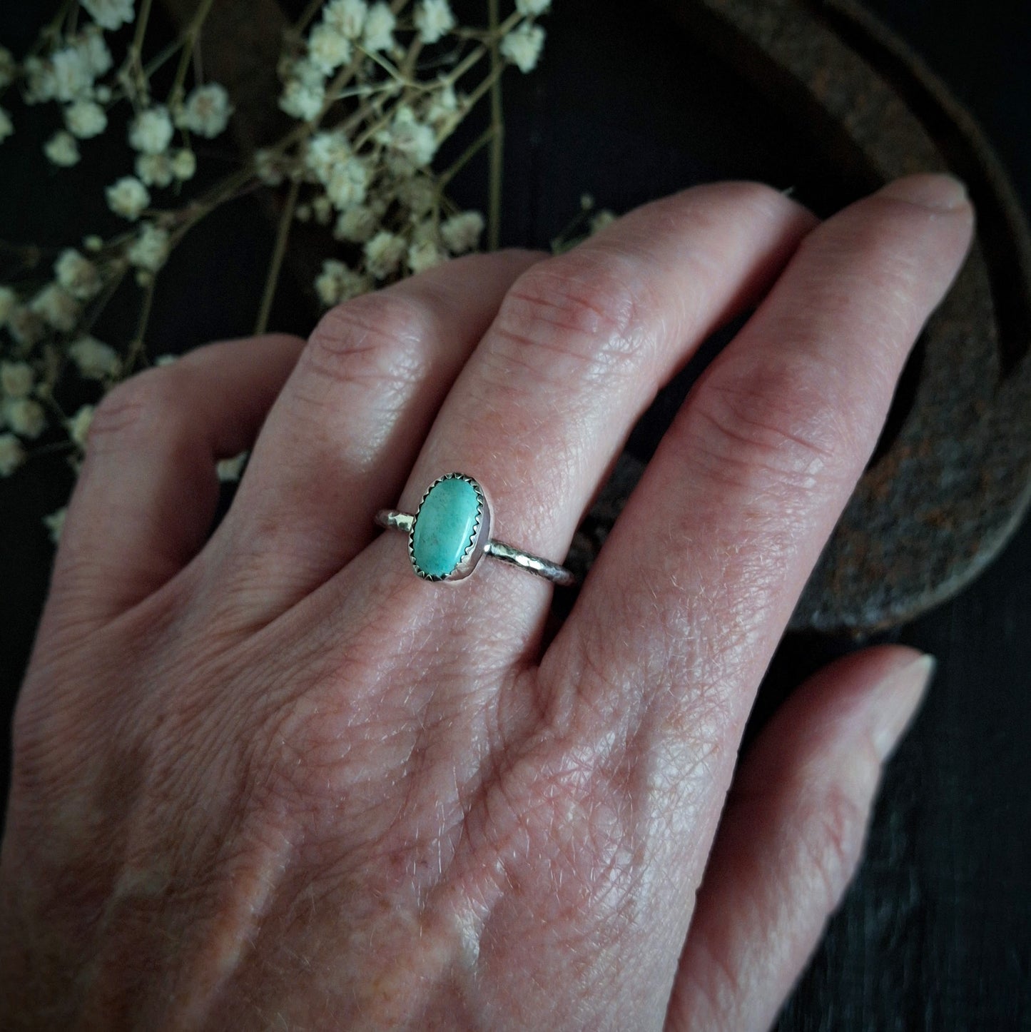 Turquoise Everyday Ring | Sterling Silver Tree Bark Band | Size 7 3/4