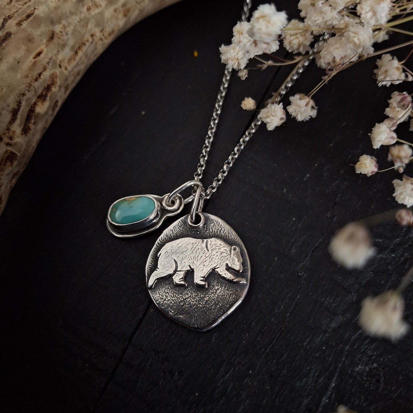Bear Charm and Royston Turquoise Pendant | Reclaimed Sterling Silver