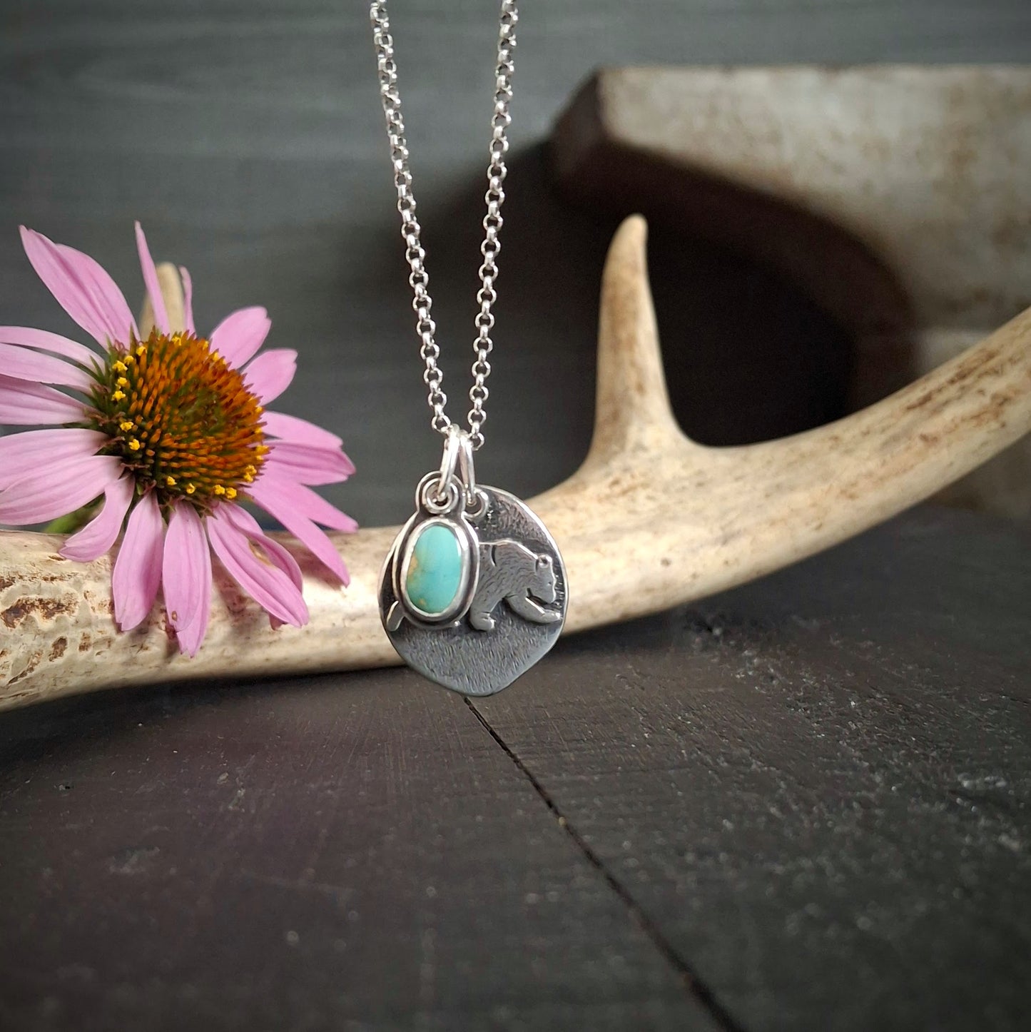 Bear Charm and Royston Turquoise Pendant | Reclaimed Sterling Silver