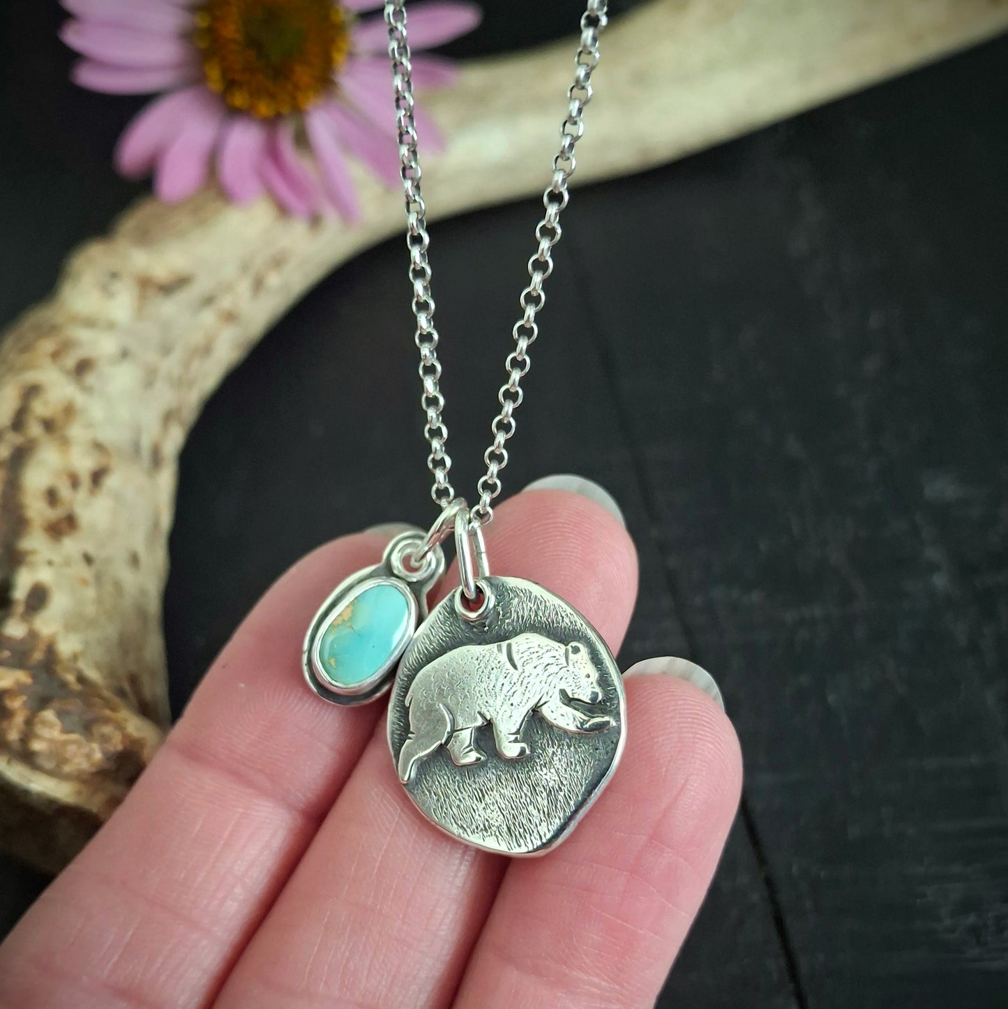 Bear Charm and Royston Turquoise Pendant | Reclaimed Sterling Silver