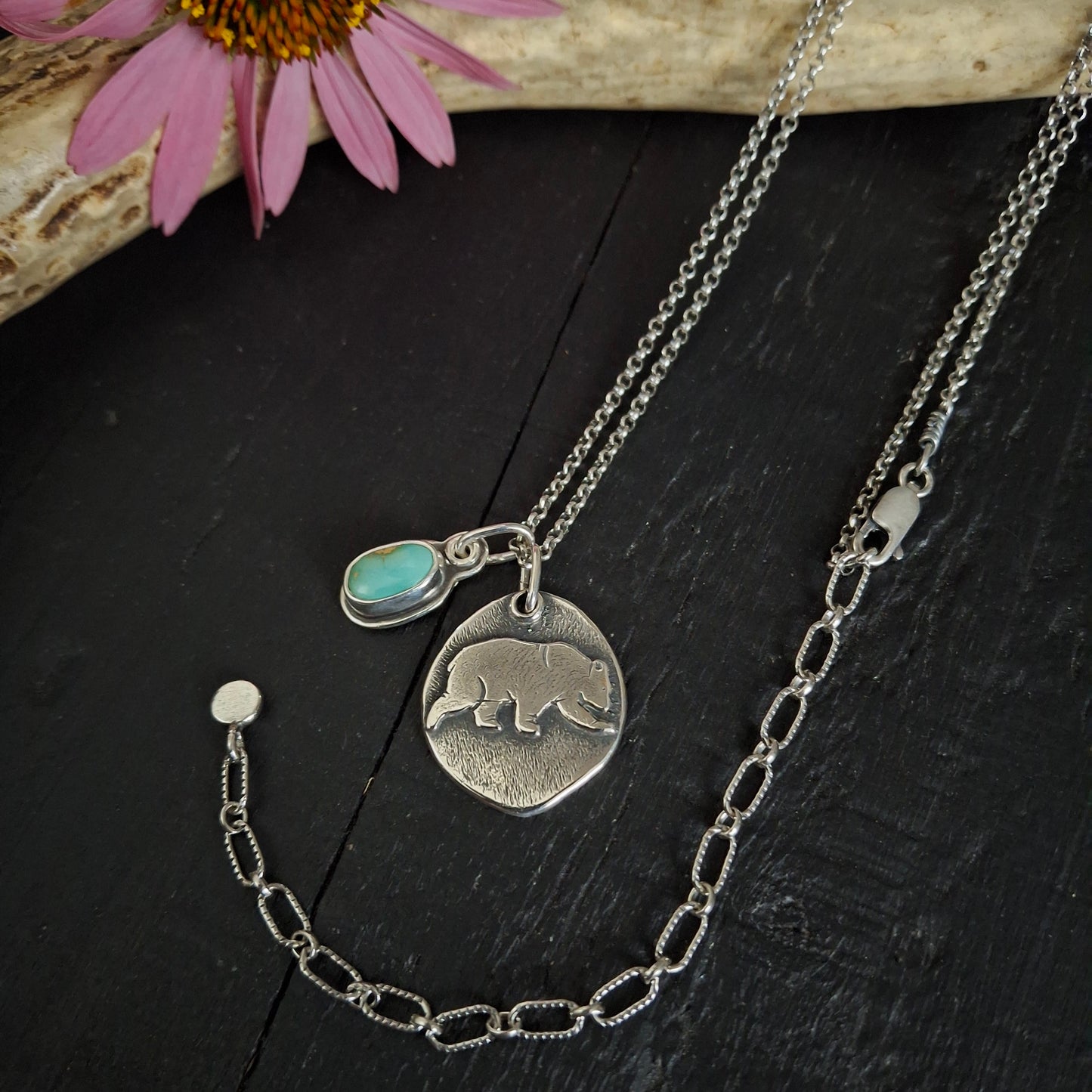 Bear Charm and Royston Turquoise Pendant | Reclaimed Sterling Silver