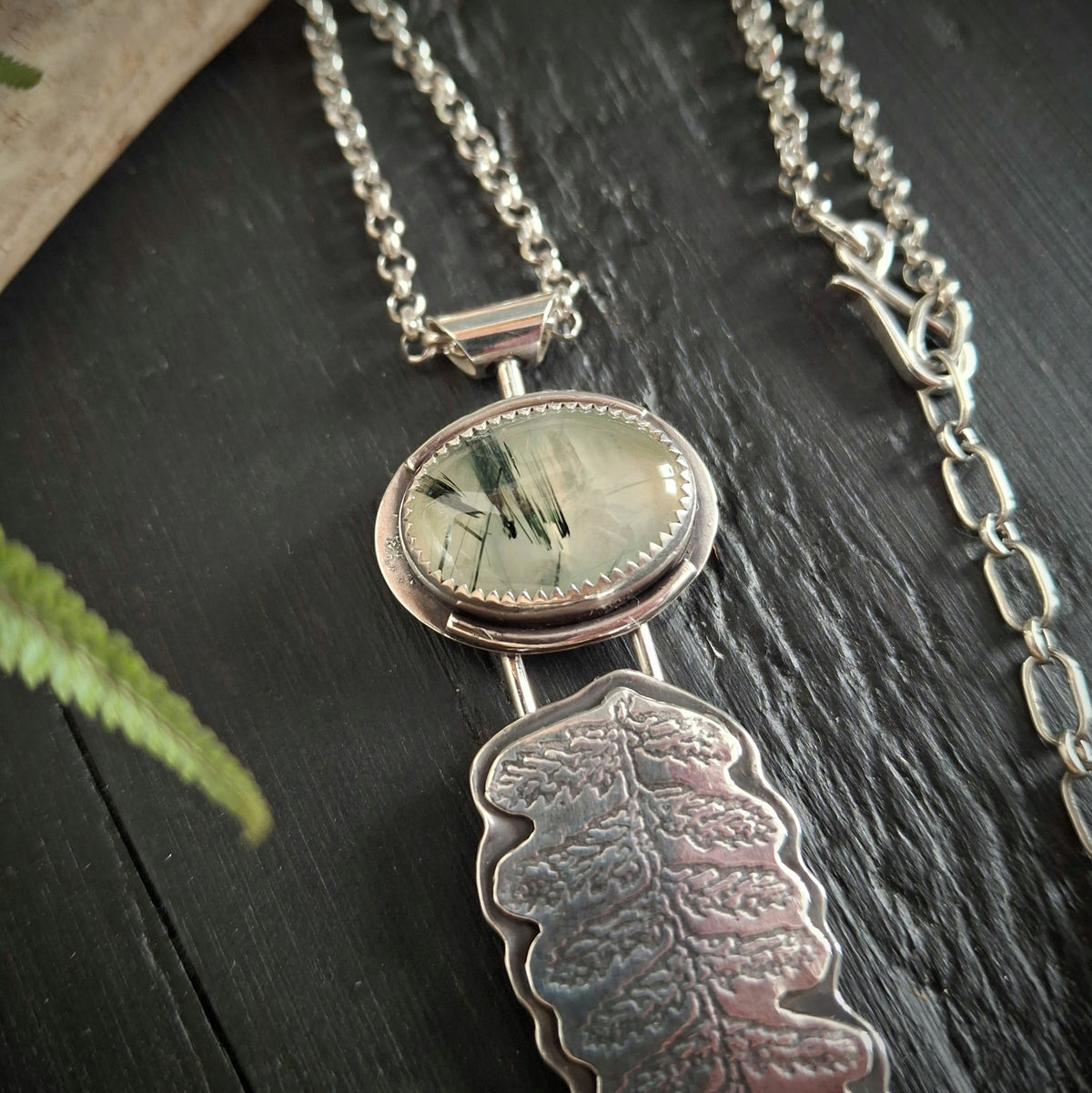 Prehnite Fern and Salamander Necklace | Reclaimed Sterling Silver | Nature Inspired Pendant