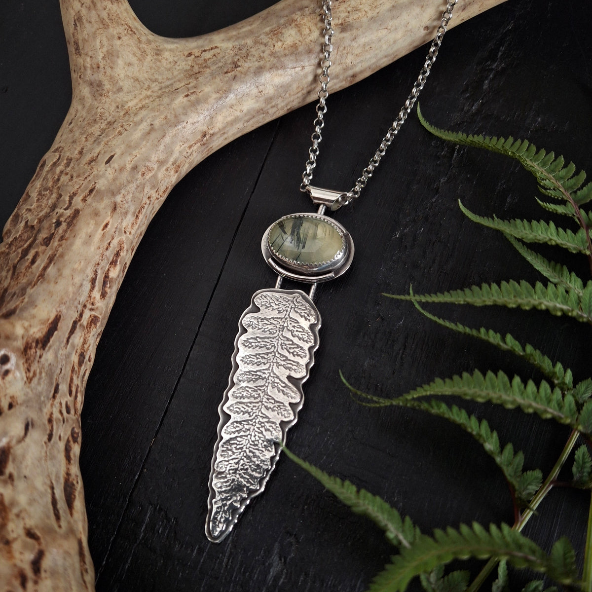 Prehnite Fern and Salamander Necklace | Reclaimed Sterling Silver | Nature Inspired Pendant