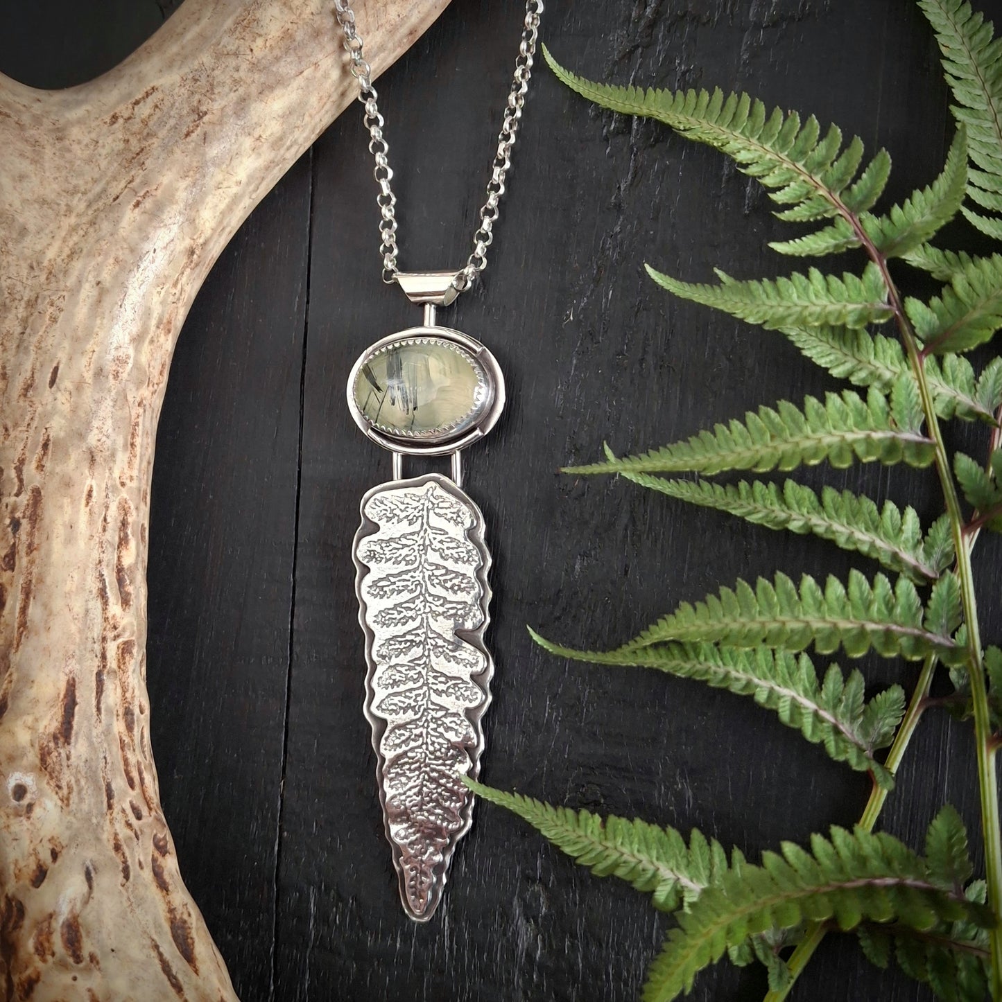 Prehnite Fern and Salamander Necklace | Reclaimed Sterling Silver | Nature Inspired Pendant