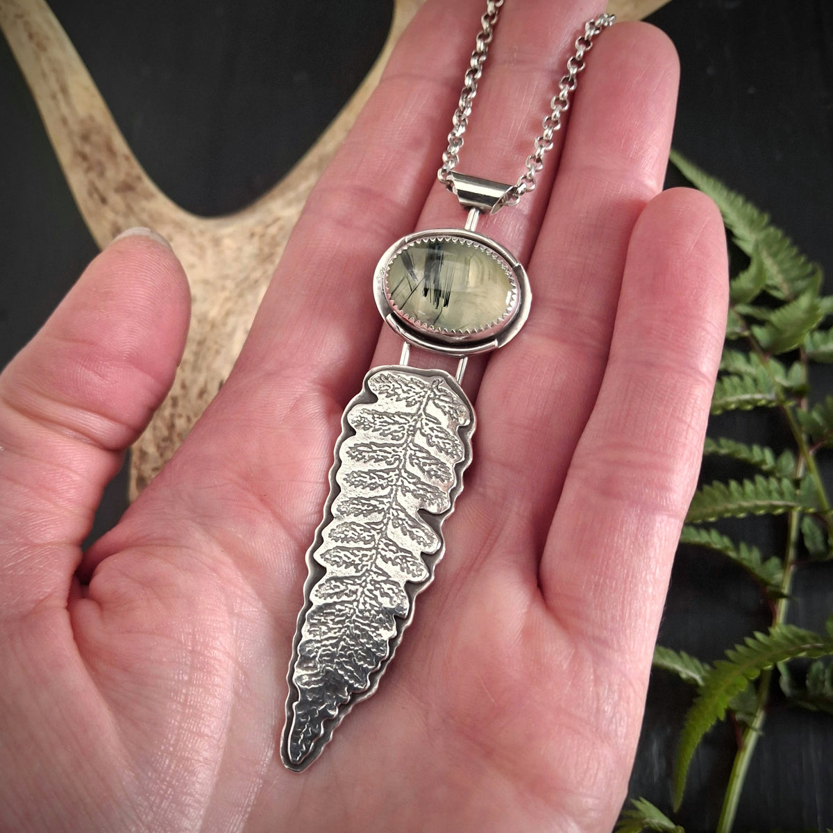 Prehnite Fern and Salamander Necklace | Reclaimed Sterling Silver | Nature Inspired Pendant