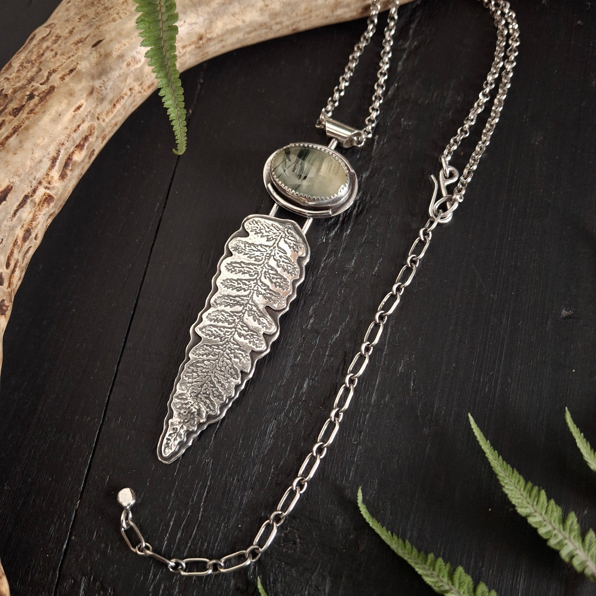 Prehnite Fern and Salamander Necklace | Reclaimed Sterling Silver | Nature Inspired Pendant
