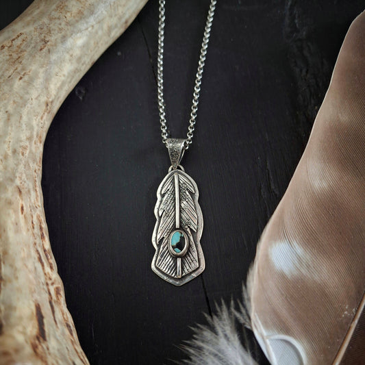 Rustic Sterling Silver Feather Pendant with Turquoise | Layered Handmade Necklace