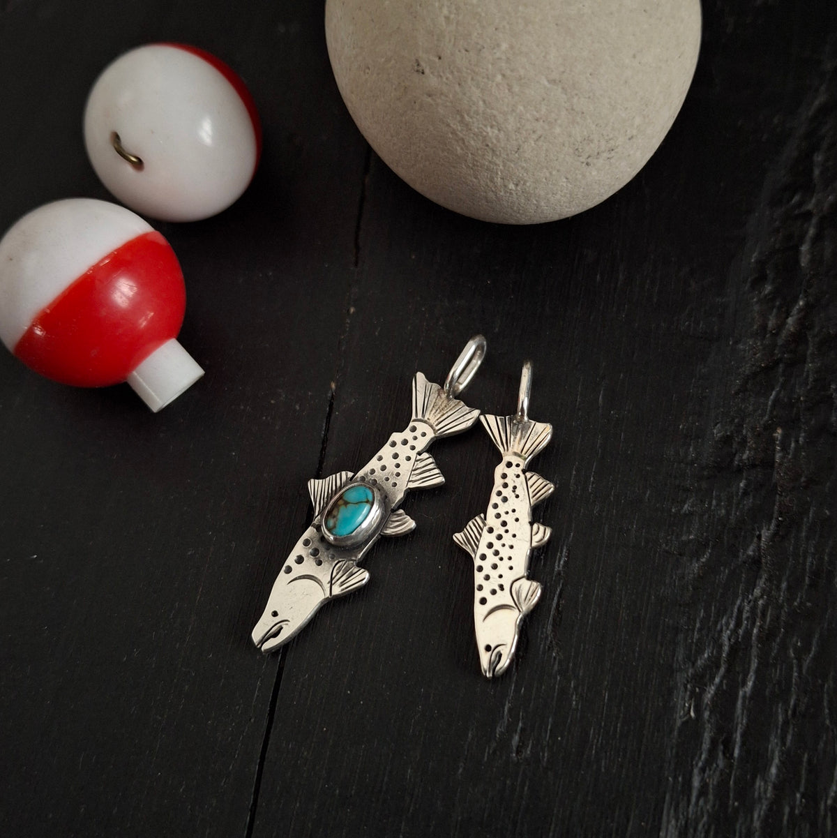 Trout Charms | Reclaimed Sterling Silver | Turquoise Accent