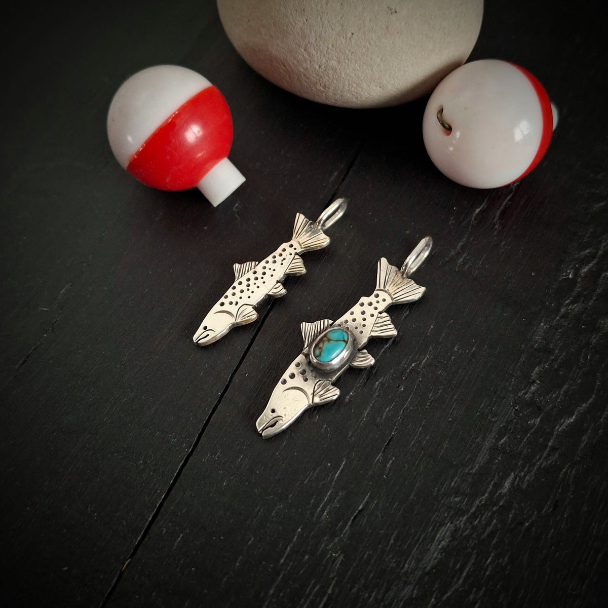Trout Charms | Reclaimed Sterling Silver | Turquoise Accent