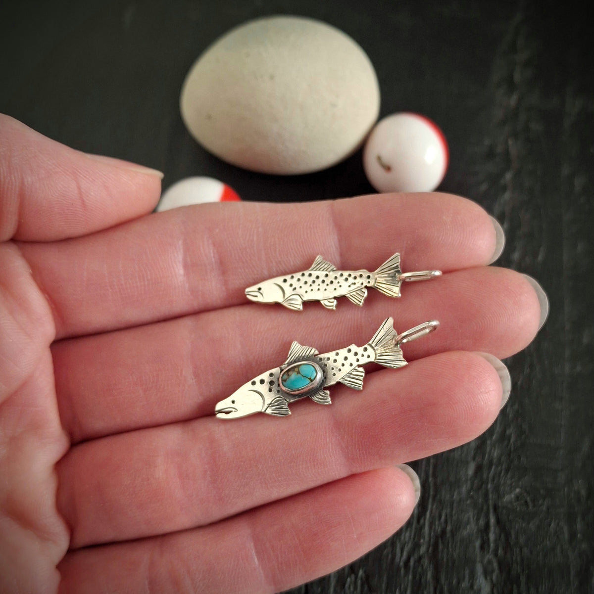 Trout Charms | Reclaimed Sterling Silver | Turquoise Accent