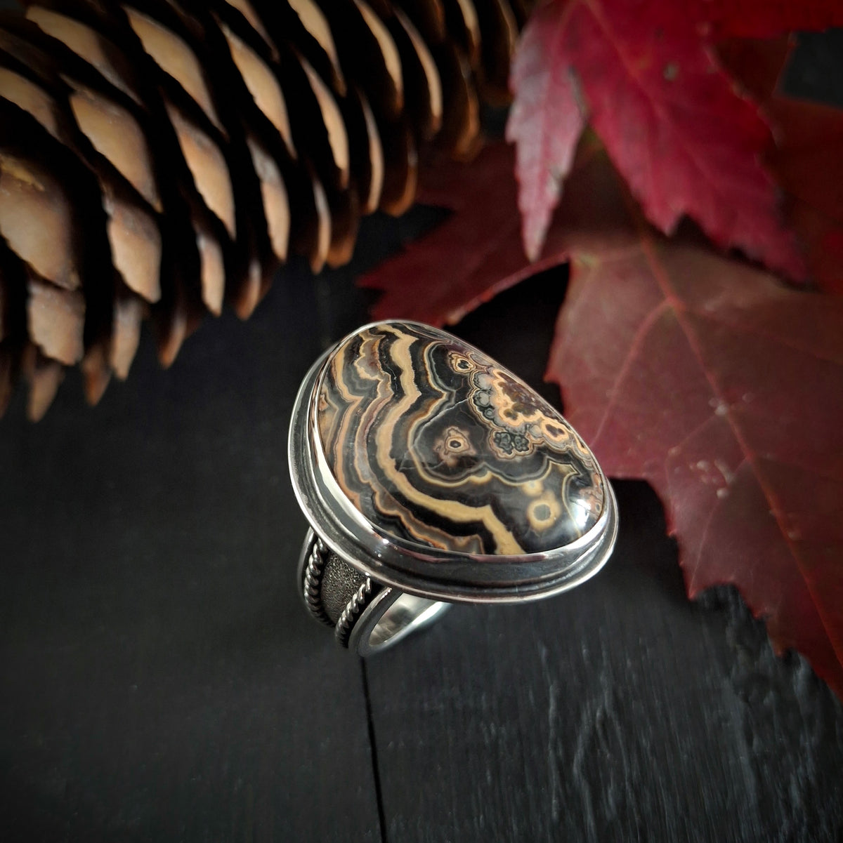 Flowering Tube Onyx Ring | Sterling Silver Statement Ring | Size 10 1/2