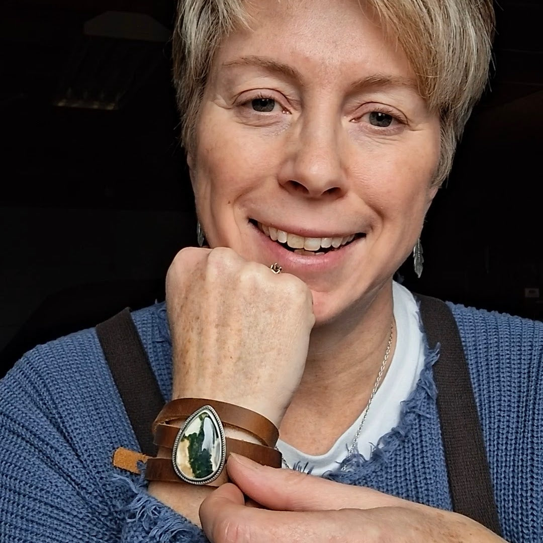 Moss Agate Leather Wrap Bracelet