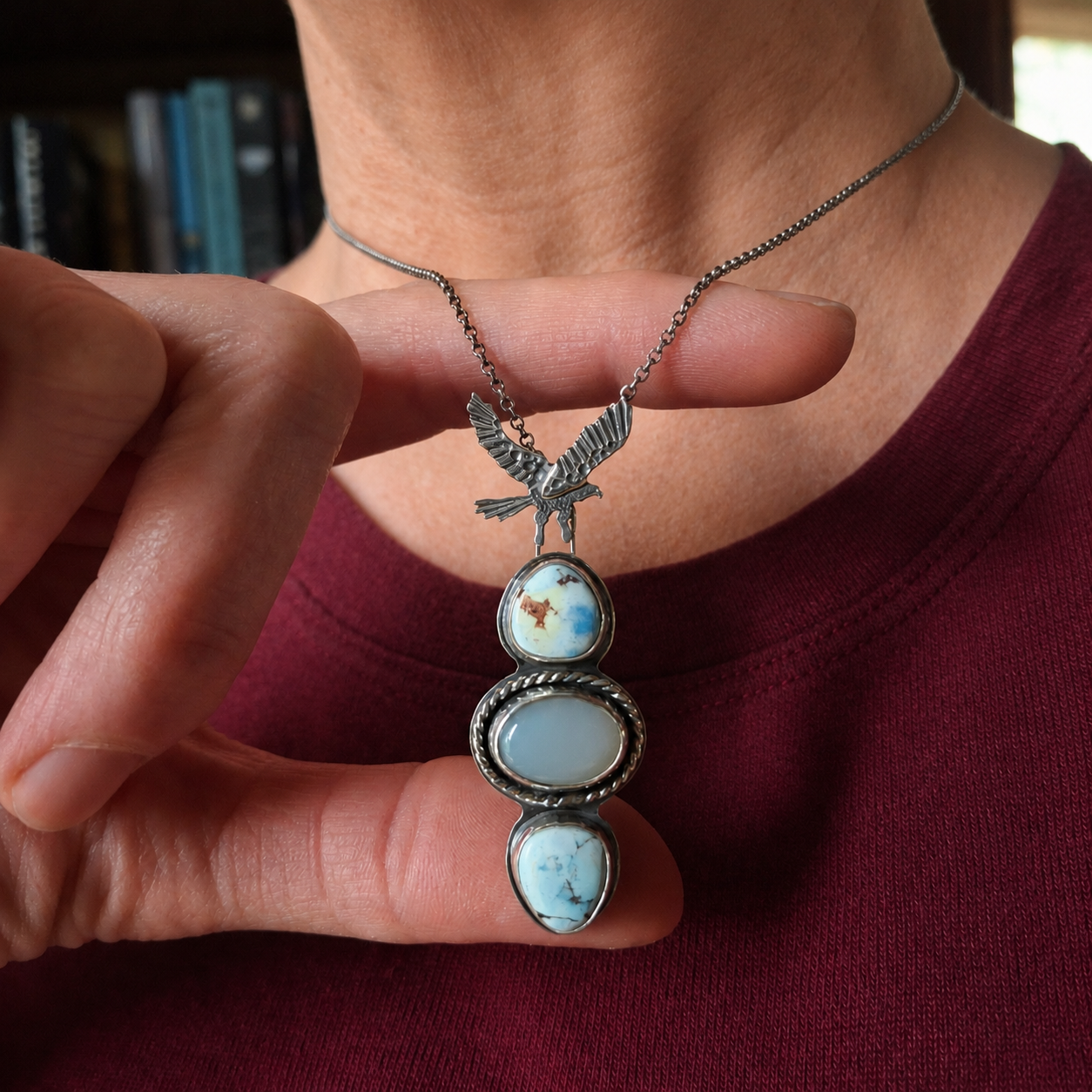 Bird of Prey Pendant | Golden Hill Turquoise & Chalcedony | Handmade Sterling Silver Necklace
