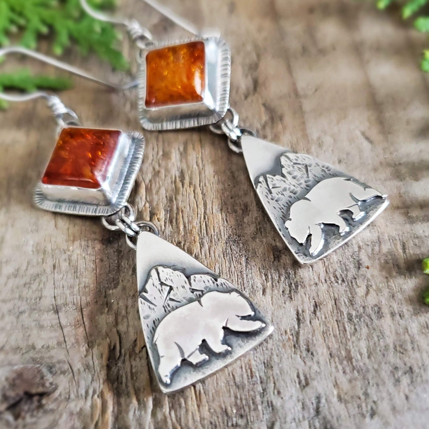 Baltic Amber Earrings Featuring Mountains and Bears