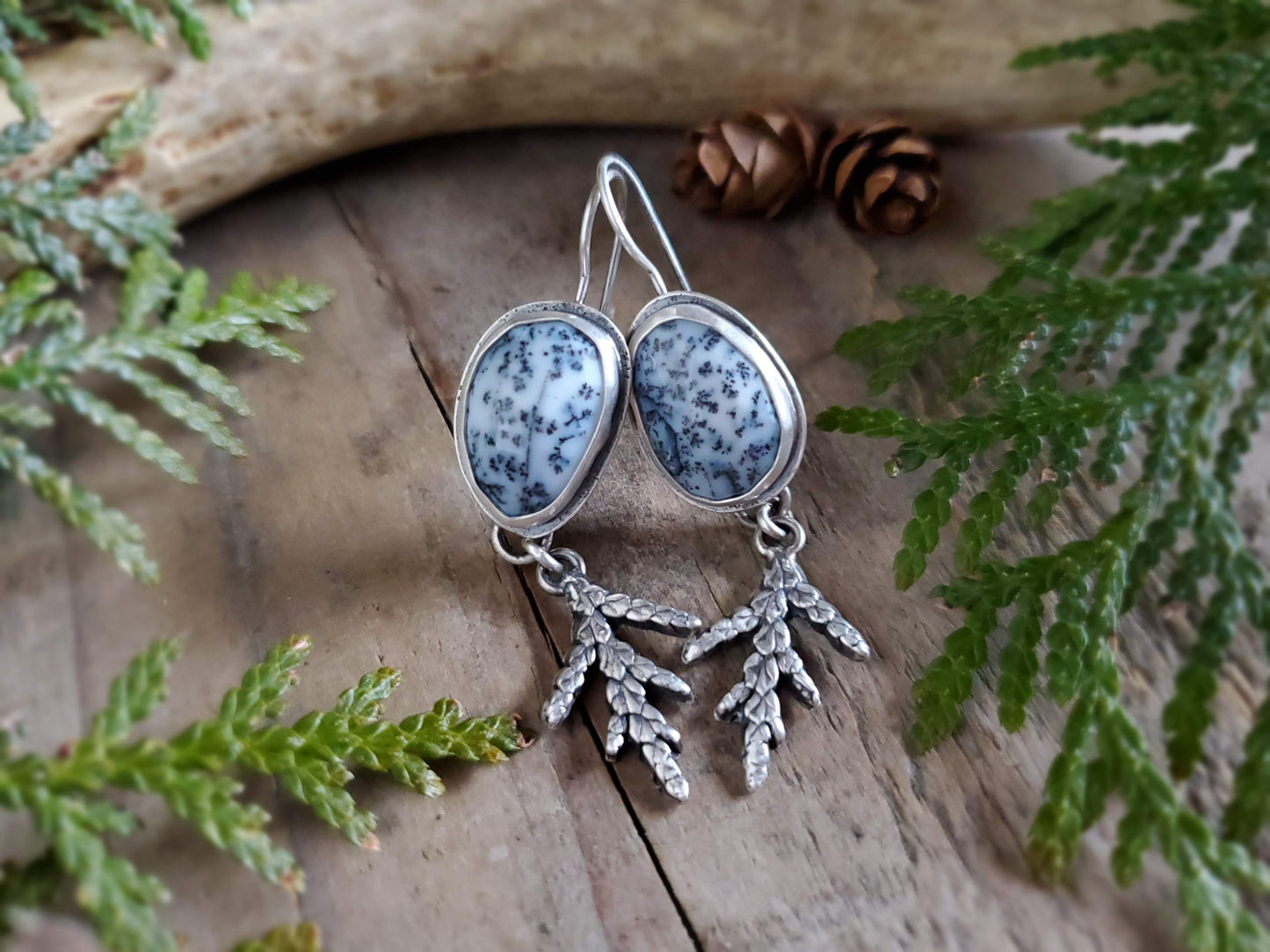 Dendritic Agate Earrings with Cedar Branch Dangles