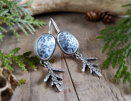 Dendritic Agate Earrings with Cedar Branch Dangles