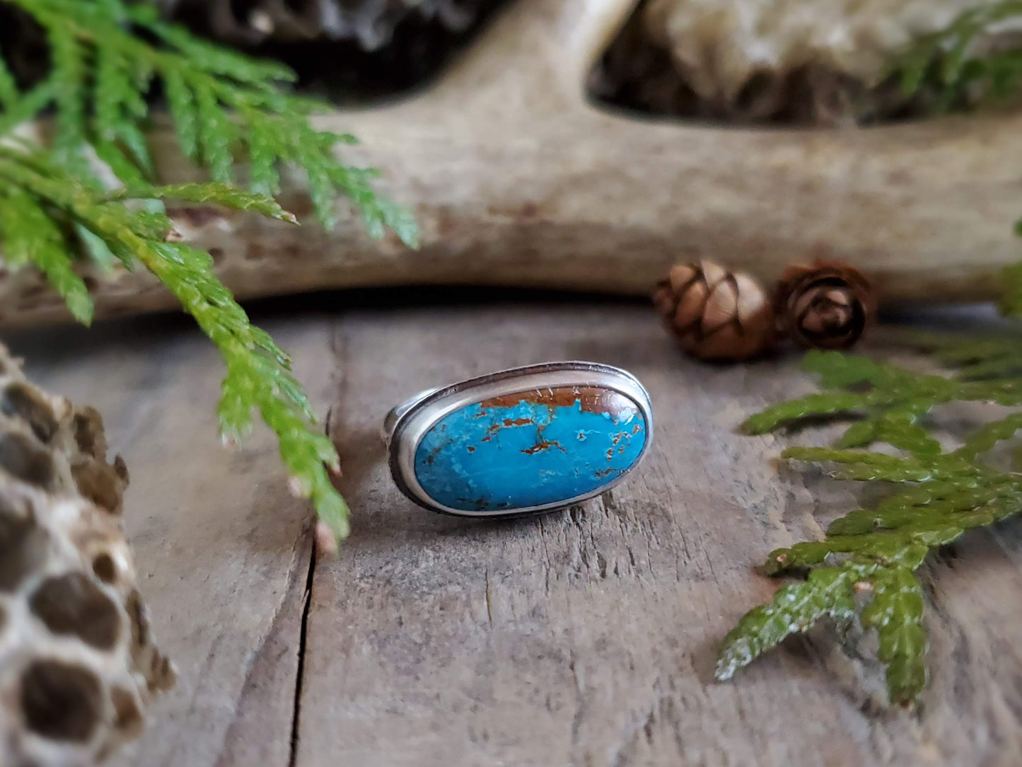 Kingman Turquoise Ring with Textured Band - Size 7.75