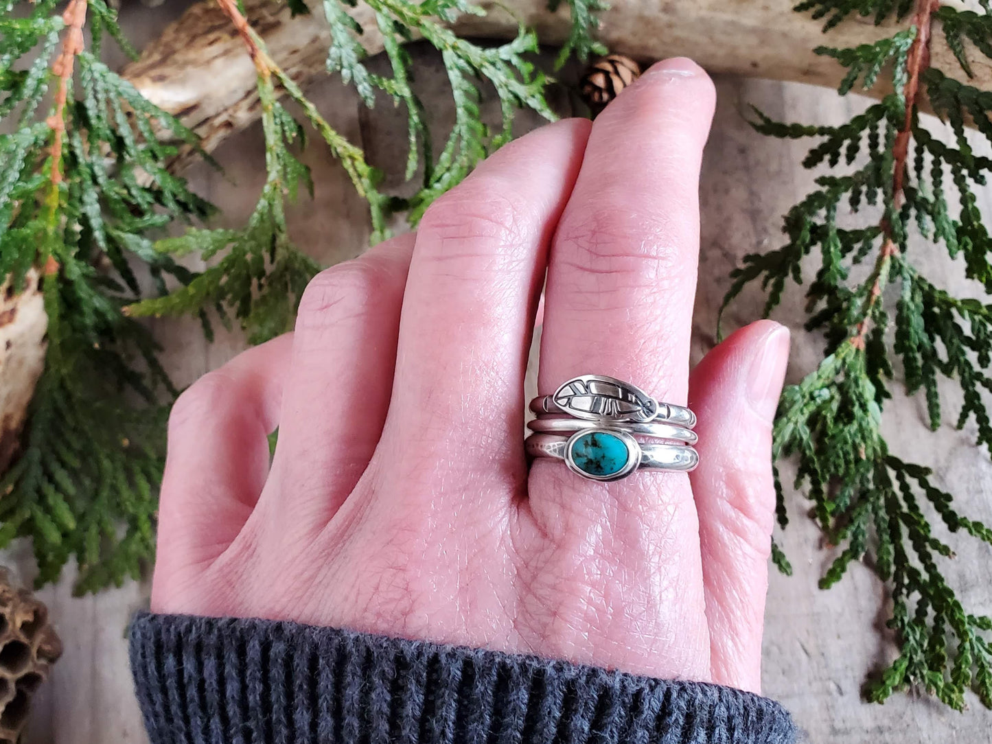 Turquoise and Feather Stacking Ring Set - Size 8.5