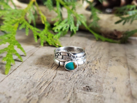 Turquoise and Feather Stacking Ring Set - Size 6.5