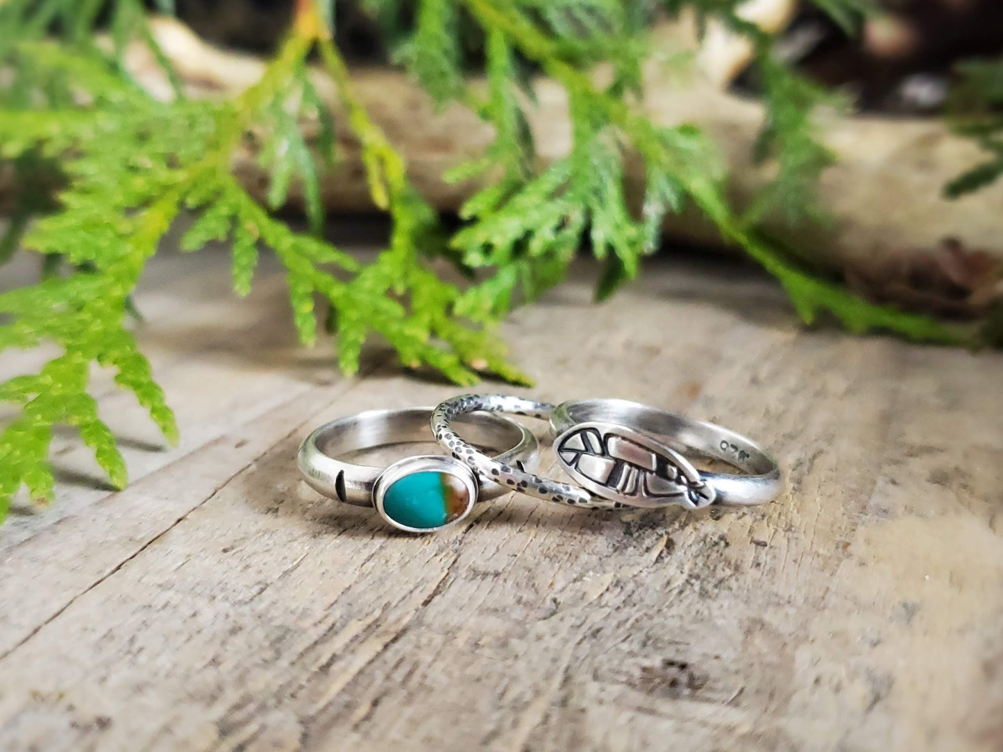 Turquoise and Feather Stacking Ring Set - Size 6.5