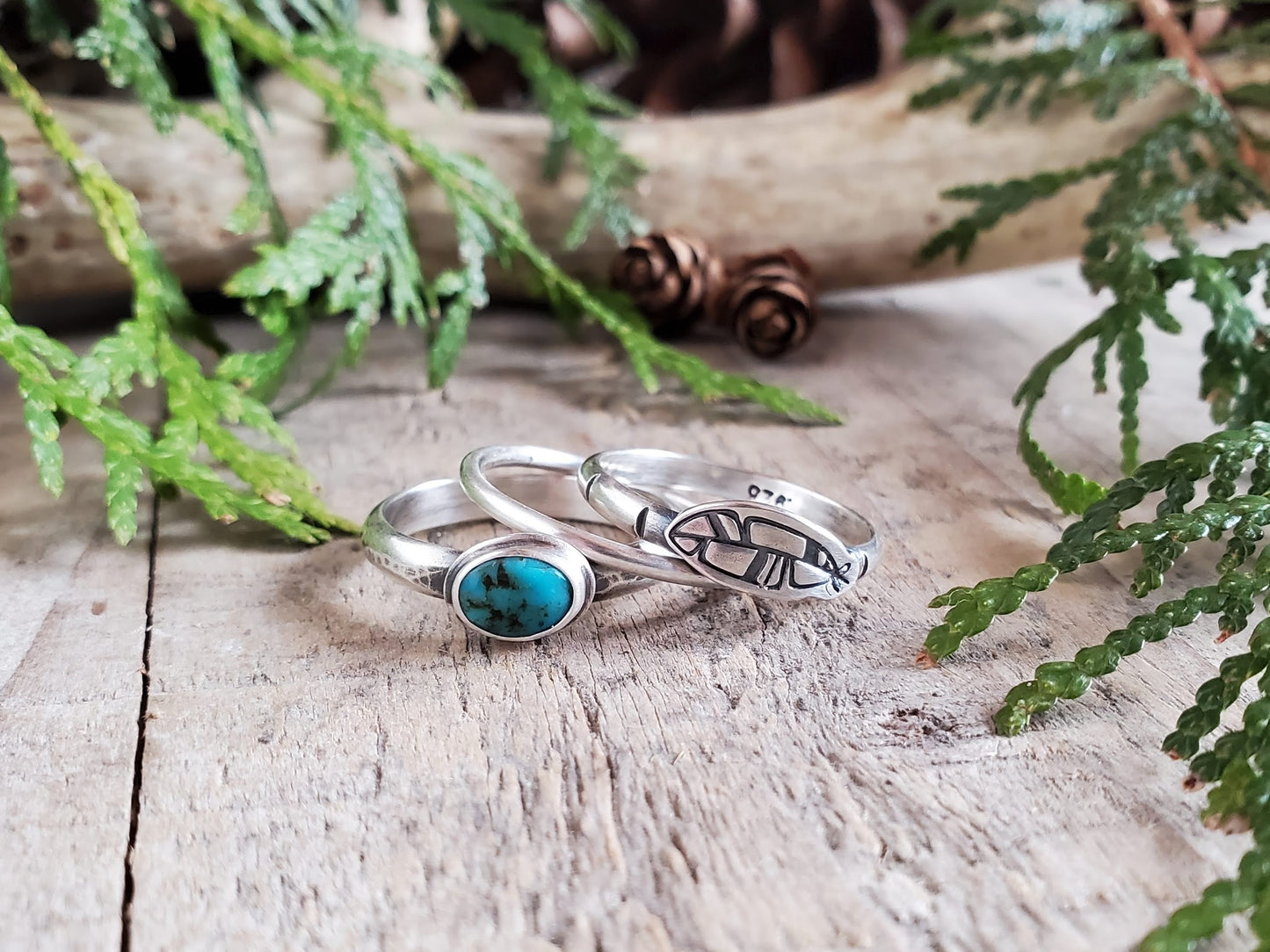 Turquoise and Feather Stacking Ring Set - Size 8.5